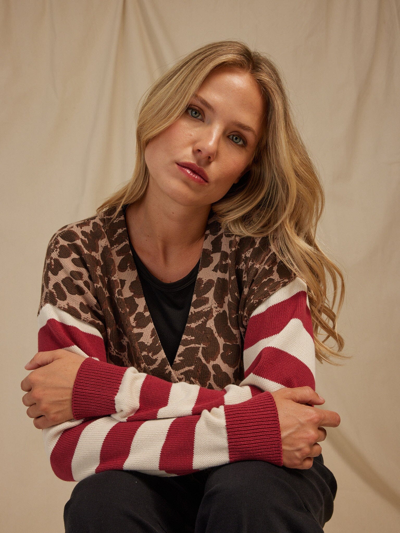 Cicely Print Stripe Mix Sweater Knit Cardigan