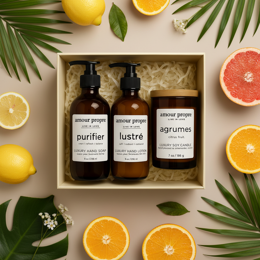 Amour Propre® LUX COLLECTION - Citrus and Rosemary Hand Soap, Hand Lotion, Soy Candle