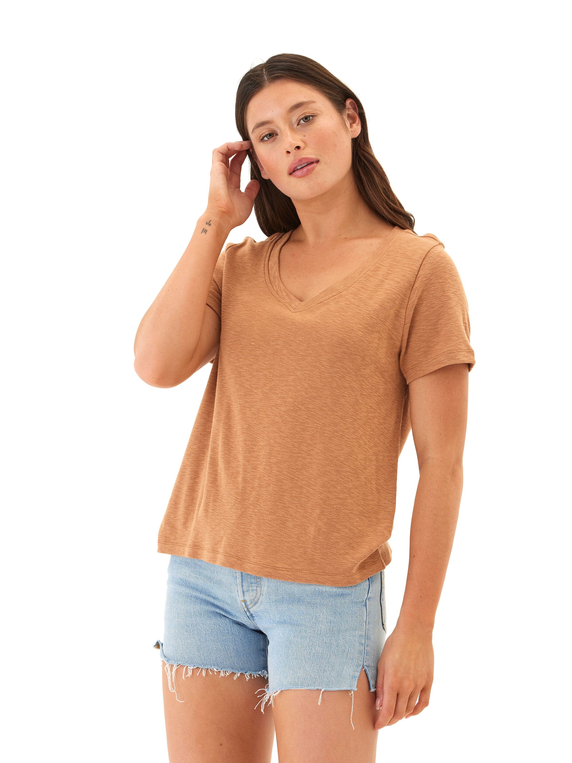 Leonora Textured Slub Jersey Ruched Vneck Top