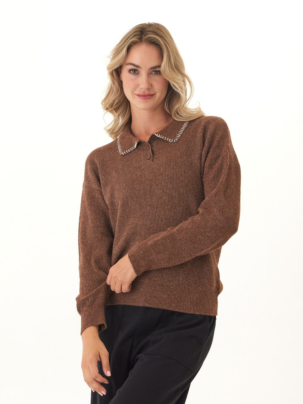 Julieta Cozy Solid Knit Long Sleeve Sweater Polo
