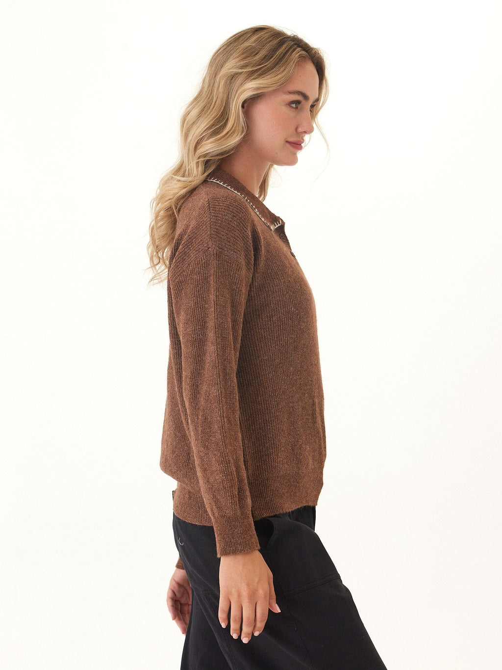 Julieta Cozy Solid Knit Long Sleeve Sweater Polo