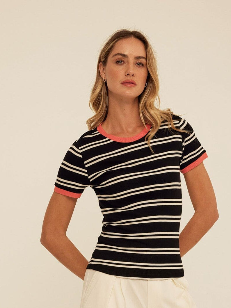 Arleen Barbados Stripe Feather Rib Ringer Tee