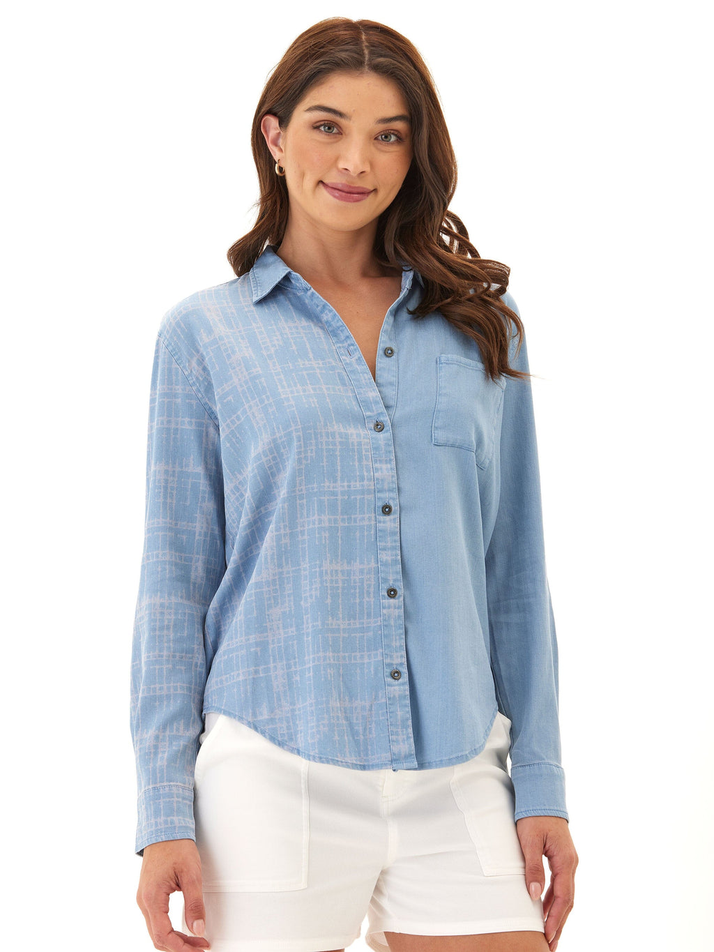 Prudence Grid Plaid Stretch Chambray Button-Down