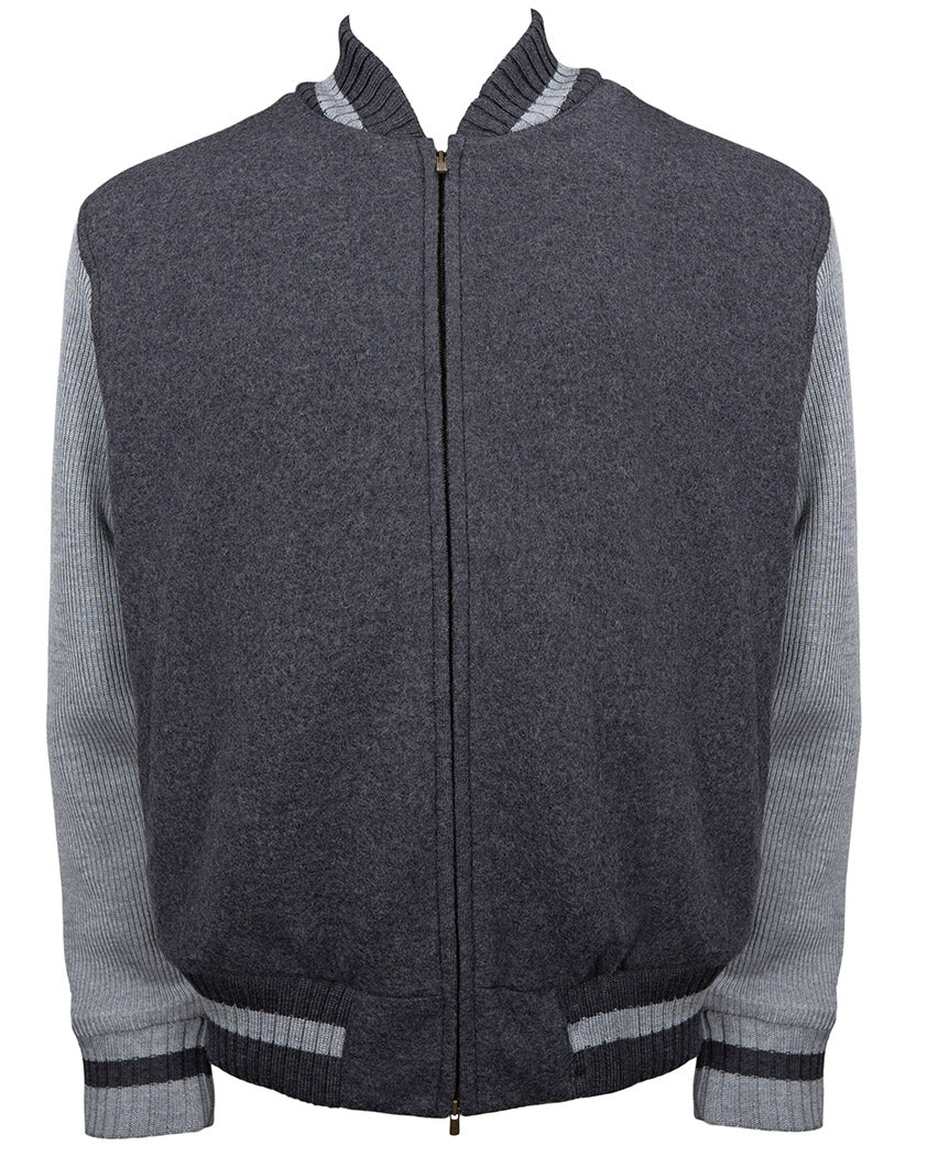 Boiled Wool Varsity Jacket with Knit Sleeves in Contemporary Fit