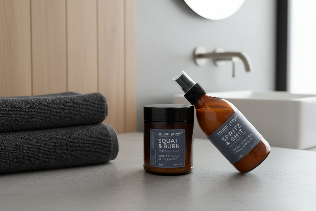 King's Throne Toiletries: Squat and Burn Candle, Spritz & Sh!t Bathroom Spray FOR HIM.