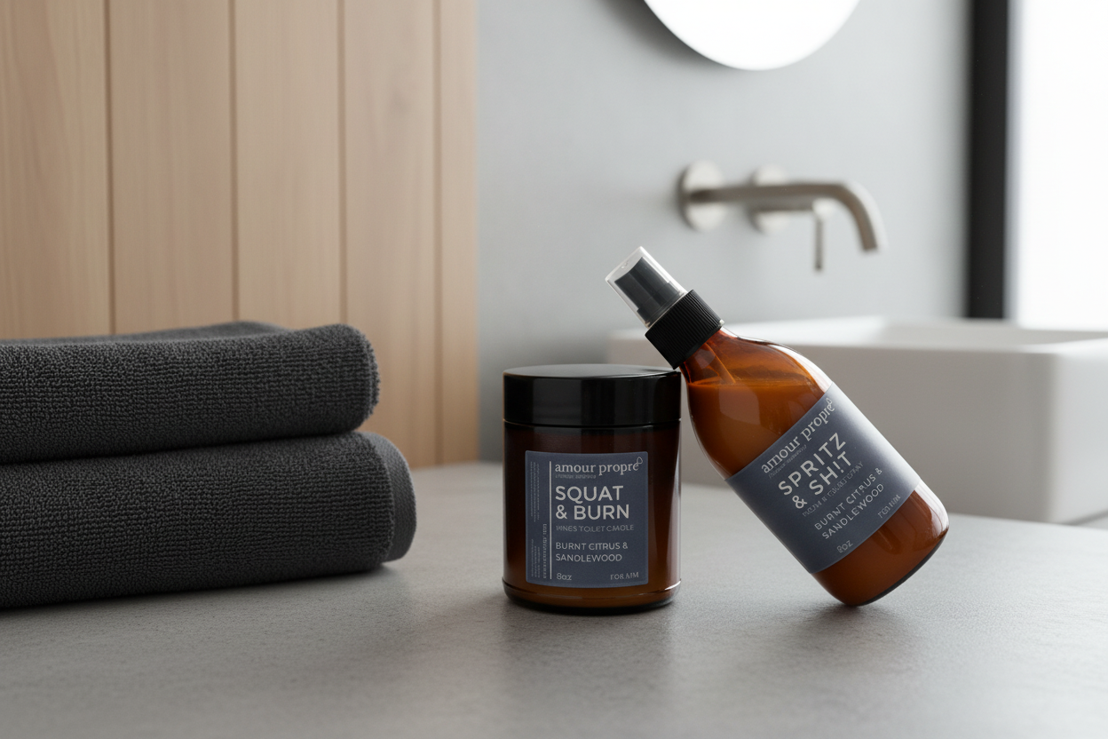 King's Throne Toiletries: Squat and Burn Candle, Spritz & Sh!t Bathroom Spray FOR HIM.